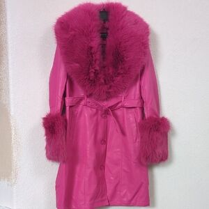 Women's Pink Faux Fur Trim Coat